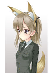 Rule 34 | 10s, 1girl, animal ear fluff, animal ears, bad id, bad pixiv id, black bow, black necktie, blush, bow, breast pocket, breasts, brown eyes, brown hair, collared shirt, commentary request, fake animal ears, flipper, fox ears, fox girl, fox tail, girls und panzer, gradient background, green jacket, grey background, hair between eyes, hair bow, jacket, long hair, long sleeves, looking away, necktie, one side up, parted lips, pocket, selection university military uniform, shimada arisu, shirt, small breasts, solo, tail, tail raised, upper body, white background, white shirt