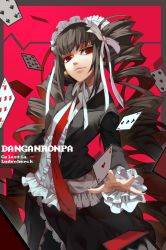 Rule 34 | 10s, 1girl, bad id, bad pixiv id, black hair, black nails, bonnet, card, celestia ludenberg, character name, copyright name, danganronpa: trigger happy havoc, danganronpa (series), drill hair, english text, gothic lolita, highres, lightofheaven, lolita fashion, long hair, nail polish, necktie, playing card, red background, red eyes, smile, solo, twin drills, twintails
