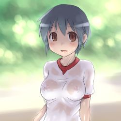 Rule 34 | 1girl, aaaa (quad-a), bad id, bad pixiv id, breasts, brown eyes, highres, looking at viewer, nipples, no bra, original, see-through, shirt, short hair, smile, solo, wet, wet clothes, wet shirt