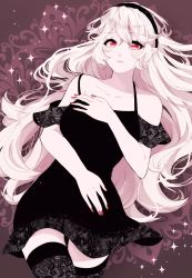 Rule 34 | 1girl, alternate costume, bare shoulders, black dress, black hairband, black thighhighs, breasts, collarbone, commentary request, corrin (female) (fire emblem), corrin (fire emblem), dress, fingernails, fire emblem, fire emblem fates, hair between eyes, hairband, indisk irio, lips, long hair, looking at viewer, lying, medium breasts, nail polish, nintendo, pale skin, parted lips, pink lips, pointy ears, red eyes, red nails, sidelocks, sleeveless, sleeveless dress, solo, thighhighs, twitter username, very long hair, white hair