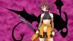 Rule 34 | 1girl, ahoge, bike shorts, breasts, brown eyes, brown hair, clothes around waist, collar, contrapposto, detached sleeves, dual wielding, french-bread, fukudahda, halterneck, halterneck, highres, holding, huge ahoge, kensoh ogawa, knife, linne, lowleg, lowleg shorts, navel, official art, reverse grip, screencap, short hair, shorts, small breasts, solo, standing, sweater, sweater around waist, sword, under night in-birth, weapon