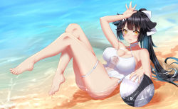 Rule 34 | 1girl, azur lane, bad id, bad pixiv id, ball, barefoot, beach, black hair, bow, breasts, brown eyes, cang se ye hua, casual one-piece swimsuit, cleavage, criss-cross halter, day, feet, feet up, full body, hair bow, hair flaps, halterneck, highres, large breasts, legs, long hair, looking at viewer, ocean, one-piece swimsuit, parted lips, partially submerged, ponytail, sand, smile, solo, swimsuit, takao (azur lane), takao (beach rhapsody) (azur lane), toes, very long hair, water, white bow, white one-piece swimsuit, yellow eyes