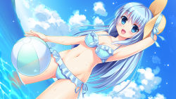 Rule 34 | 1girl, arm up, ball, beachball, bikini, blue bikini, blue eyes, blue hair, blue ribbon, blue sky, blush, breasts, brown hat, cleavage, cloud, cloudy sky, commentary request, day, dutch angle, frilled bikini, frills, gluteal fold, groin, hand on headwear, hat, hat ribbon, highres, horizon, long hair, medium breasts, navel, ocean, original, outdoors, ribbon, sky, solo, sun hat, swimsuit, umitonakai, very long hair, wading, water
