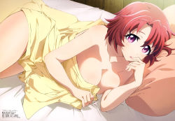 Rule 34 | 10s, 1girl, absurdres, bed, bed sheet, blush, body blush, breasts, cleavage, collarbone, covering privates, cow girl (goblin slayer!), goblin slayer!, highres, large breasts, looking at viewer, lying, megami magazine, nude, nude cover, official art, on bed, on side, open mouth, pillow, purple eyes, red hair, shiny skin, short hair, solo, toda mai