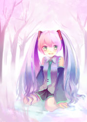Rule 34 | 1girl, :d, detached sleeves, gradient hair, green eyes, hair ornament, hatsune miku, highres, lino-lin, long hair, looking at viewer, multicolored hair, open mouth, pleated skirt, silver hair, sitting, skirt, smile, snowflakes, solo, twintails, vocaloid