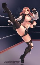 Rule 34 | absurdres, bikini, boots, breasts, dead or alive, full body, gloves, hair ornament, high heel boots, high heels, high kick, highres, honoka (doa), jumpsuit, junkpuyo, kicking, large breasts, navel, pants, pink hair, shorts, solo, spread legs, swimsuit, thighhighs, torn clothes, torn thighhighs