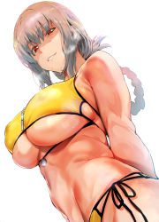 Rule 34 | 1girl, arms behind back, bad id, bad pixiv id, bare shoulders, bikini, braid, breasts, chaldea lifesavers, colored skin, curvy, fate/grand order, fate (series), female focus, florence nightingale (chaldea lifesavers) (fate), florence nightingale (fate), folded ponytail, from below, heavy breathing, highres, ikuchan kaoru, large breasts, long hair, looking at viewer, multicolored skin, navel, pink hair, red eyes, shaded face, shiny skin, side-tie bikini bottom, sidelocks, simple background, single braid, skindentation, smile, solo, swimsuit, thighs, underboob, very long hair, white background, wide hips, yellow bikini