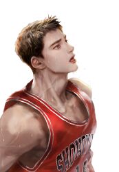 Rule 34 | 1boy, basketball jersey, brown hair, character request, dong2342, facing to the side, highres, lipgloss, looking up, male focus, realistic, short hair, simple background, slam dunk (series), solo, sweat, sweatdrop, upper body, very sweaty, white background
