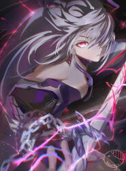Rule 34 | 1girl, acheron (honkai: star rail), artist logo, bandaged arm, bandages, bare shoulders, black choker, black gloves, chain, chain around arm, choker, closed mouth, commentary, diamond-shaped pupils, diamond (shape), earrings, elbow gloves, electricity, gloves, hair over one eye, hewaje, highres, holding, holding sword, holding weapon, honkai: star rail, honkai (series), jewelry, long hair, looking at viewer, multicolored hair, official alternate color, red eyes, scabbard, sheath, sheathed, single elbow glove, solo, streaked hair, sword, symbol-shaped pupils, upper body, weapon, white hair