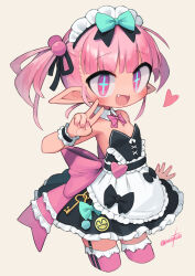 Rule 34 | 1girl, apron, blunt bangs, bow, bowtie, breasts, detached collar, fang, frills, garter straps, hair bobbles, hair ornament, highres, maid apron, maid headdress, nanatsuta, original, pink hair, pointy ears, simple background, small breasts, sparkling eyes, symbol-shaped pupils, thighhighs, twintails, v, white background
