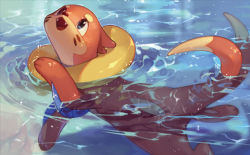 Rule 34 | afloat, blue eyes, buizel, commentary, creature, creatures (company), english commentary, fangs, full body, game freak, gen 4 pokemon, looking up, nintendo, no humans, official art, partially submerged, pokemon, pokemon (creature), pokemon tcg, so-taro, solo, swimming, third-party source, water
