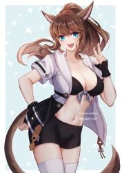 Rule 34 | 1girl, animal ears, warrior of light (ff14), bikini, bikini top only, blue eyes, breasts, brown hair, cat ears, cat tail, commission, cowboy shot, fangs, final fantasy, final fantasy xiv, highres, jacket, large breasts, long hair, looking at viewer, lyra-kotto, miqo&#039;te, navel, open clothes, open jacket, open mouth, ponytail, short sleeves, shorts, slit pupils, solo, swimsuit, tail, thighhighs, twitter username, v, white thighhighs