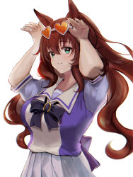 Rule 34 | 1girl, absurdres, animal ears, aqua eyes, arms up, back bow, bow, brown hair, closed mouth, commentary request, cowboy shot, hair between eyes, heart, heart-shaped eyewear, highres, horse ears, horse girl, horse tail, light blush, long hair, maruzensky (umamusume), pleated skirt, puffy short sleeves, puffy sleeves, purple bow, purple shirt, sailor collar, school uniform, shirt, short sleeves, simple background, skirt, smile, solo, sunglasses, tail, tracen school uniform, umainu 2002, umamusume, very long hair, white background, white skirt