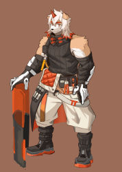 Rule 34 | 1boy, animal ears, arknights, bara, bare shoulders, black footwear, black shirt, brown eyes, brown fur, bulge, dog boy, dog ears, full body, furry, furry male, gloves, highres, horns, hung (arknights), male focus, multicolored hair, muscular, muscular male, orange hair, pants, pectorals, shield, shirt, short hair, simple background, single horn, sleeveless, sleeveless shirt, smile, solo, streaked hair, taut clothes, taut shirt, thick thighs, thighs, two-tone fur, white fur, white gloves, white hair, white pants, yeon (leyonkim)