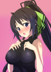Rule 34 | 10s, 1girl, :o, ahoge, bare shoulders, black hair, blue eyes, blush, body blush, bodysuit, breast suppress, breasts, covered erect nipples, embarrassed, hair ribbon, halterneck, hands on own chest, high ponytail, highres, impossible clothes, impossible leotard, infinite stratos, large breasts, leotard, long hair, looking at viewer, no bra, noa p, nose blush, open mouth, pilot suit, pink background, ponytail, raised eyebrows, ribbon, shinonono houki, simple background, skin tight, sleeveless, solo, sweat, sweatdrop, turtleneck, upper body