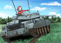 Rule 34 | 10s, 1girl, artist request, brown eyes, caterpillar tracks, cloud, crusader (tank), cup, day, emblem, girls und panzer, grass, military, military vehicle, motor vehicle, red hair, rosehip (girls und panzer), short hair, sky, smile, solo, st. gloriana&#039;s (emblem), st. gloriana&#039;s military uniform, tank, teacup