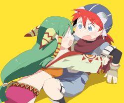 Rule 34 | 1boy, 1girl, blue eyes, blush, dokan (dkn), feena (grandia), fingerless gloves, gloves, goggles, goggles on headwear, grandia, grandia i, green hair, hair ornament, hair tubes, happy, hat, hug, justin (grandia), long hair, looking at another, miniskirt, open mouth, pink skirt, red hair, simple background, sitting, skirt, surprised, tears, wide sleeves, yellow background
