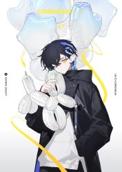 Rule 34 | 1boy, absurdres, animal balloon, arknights, artist name, balloon, bishounen, black hair, black jacket, corroserum (arknights), english text, hair over one eye, hand in pocket, highres, jacket, jacknife, male focus, one eye covered, pointy ears, short hair, simple background, slit pupils, snake boy, solo, white background, yellow eyes