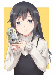 Rule 34 | 1girl, alternate costume, asashio (kancolle), beige sweater, black dress, black hair, blue eyes, border, can, dress, hayasui (kancolle), kantai collection, long hair, product placement, satsumi, smile, solo, turtleneck, upper body, white border, yellow background