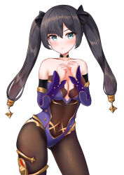 Rule 34 | 1girl, absurdres, aqua eyes, bare shoulders, black choker, black hair, blue leotard, blue sleeves, blush, breast press, breasts, brown pantyhose, choker, cleavage, clenched hands, contrapposto, covered navel, cowboy shot, detached sleeves, expressionless, genshin impact, hair between eyes, hair ornament, hands up, highres, leotard, long hair, long sleeves, looking at viewer, medium breasts, mona (genshin impact), pantyhose, parted lips, see-through, simple background, sing152, solo, standing, teeth, twintails, white background