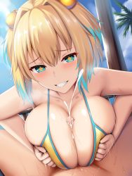 Rule 34 | + +, 1boy, 1girl, absurdres, bare shoulders, bikini, blonde hair, blue eyes, blue hair, blush, bombergirl, breasts, breasts squeezed together, cleavage, collarbone, cum, ejaculation, grenade hair ornament, hetero, highres, large breasts, looking at viewer, multicolored hair, paizuri, penis, pine (bombergirl), renetan, short hair, smile, swimsuit, symbol-shaped pupils, twintails, two-tone hair, yellow bikini, yellow pupils