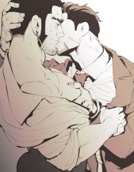 Rule 34 | 2boys, bara, beard stubble, brown theme, buzz cut, chest hair, closed eyes, couple, facial hair, french kiss, from side, golden kamuy, grabbing, hand on another&#039;s head, highres, kasuke (li tgknk), kiss, loose hair strand, male focus, mature male, monochrome, multiple boys, muscular, muscular male, muscular uke, off shoulder, ogata hyakunosuke, pectoral cleavage, pectoral grab, pectorals, profile, shirt tug, short hair, sleeves rolled up, stubble, sweat, tanigaki genjirou, thick eyebrows, undressing another, upper body, very short hair, yaoi