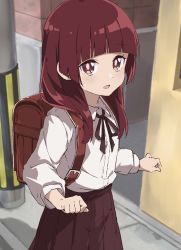 Rule 34 | 1girl, absurdres, backpack, bag, brown eyes, brown hair, brown skirt, child, commentary request, day, frown, highres, hime cut, kumichou musume to sewagakari, long hair, long sleeves, looking at viewer, open mouth, outdoors, rauto, sakuragi yaeka, school uniform, shirt, skirt, solo, standing, utility pole, white shirt