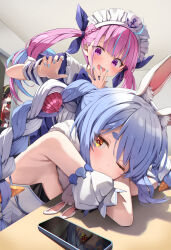 3girls ahoge anchor_symbol animal_ear_fluff animal_ears blue_bow blue_bowtie blue_dress blue_hair blue_nails blue_ribbon blush bow bowtie braid carrot_hair_ornament cellphone closed_mouth colored_inner_hair crossed_arms detached_sleeves dress drill_hair food-themed_hair_ornament hair_ornament hair_ribbon hand_to_own_mouth highres hololive houshou_marine houshou_marine_(1st_costume) indoors long_hair looking_at_another maid maid_headdress minato_aqua minato_aqua_(1st_costume) multicolored_hair multiple_girls one_eye_closed open_mouth phone pink_hair puffy_short_sleeves puffy_sleeves purple_eyes rabbit_ears rabbit_girl ribbon short_sleeves smartphone smile summer_tail720 twin_braids twin_drills twintails two-tone_hair usada_pekora usada_pekora_(1st_costume) virtual_youtuber wrist_cuffs yellow_eyes