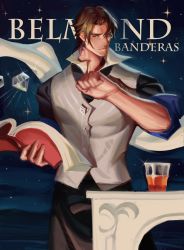 Rule 34 | 1boy, apron, belmond banderas, black apron, black shirt, book, brown eyes, brown hair, character name, closed mouth, collared shirt, commentary request, cup, diamond (gemstone), drink, drinking glass, forehead, glint, grey vest, hand up, henrryxv, highres, holding, holding book, male focus, nijisanji, open book, parted bangs, shirt, short sleeves, solo, sparkle, table, thick eyebrows, vest, virtual youtuber, waist apron