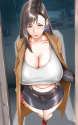 Rule 34 | 1girl, black hair, black skirt, breasts, brown coat, brown eyes, cleavage, coat, crop top, dangle earrings, doorway, earrings, elbow pads, final fantasy, final fantasy vii, fingerless gloves, foreshortening, gloves, highres, huge breasts, jewelry, long hair, low-tied long hair, navel, nypaon, open clothes, open coat, pov doorway, red gloves, shirt, skirt, standing, suspender skirt, suspenders, tank top, taut clothes, taut shirt, tifa lockhart, trench coat, white tank top