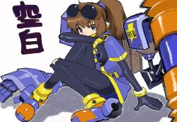 Rule 34 | 1girl, brown hair, eyewear on head, full body, gloves, gundam (vxrwvww), highres, long hair, looking at viewer, mechanical arms, pantyhose, ponytail, precis neumann, purple eyes, simple background, single mechanical arm, skirt, solo, star ocean, star ocean the second story, torn clothes, torn pantyhose, white background