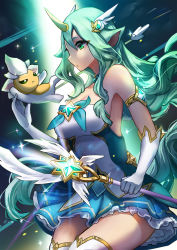 Rule 34 | 1girl, alternate costume, alternate eye color, alternate hair color, alternate hairstyle, aqua hair, bare shoulders, breasts, cleavage, dress, familiar, gloves, green eyes, horns, large breasts, league of legends, long hair, magical girl, pointy ears, single horn, solo, soraka (league of legends), star guardian (league of legends), star guardian soraka, thighhighs, very long hair, white gloves, white wings, wings