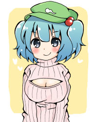Rule 34 | 1girl, alternate costume, bad id, bad pixiv id, blue hair, breasts, cleavage cutout, clothing cutout, grey eyes, hair bobbles, hair ornament, hat, kawashiro nitori, large breasts, long sleeves, meme-tan (bana nan26), meme attire, open-chest sweater, ribbed sweater, smile, solo, sweater, touhou, turtleneck, twintails, two side up