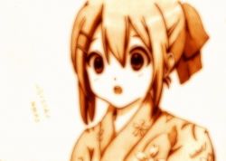Rule 34 | 1girl, alternate hairstyle, female focus, godees, gradient background, hair ornament, hair ribbon, hairclip, hirasawa yui, k-on!, monochrome, open mouth, ribbon, sepia, sketch, solo, traditional media, white background