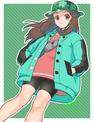 Rule 34 | 1girl, bike shorts, border, brown eyes, brown hair, bucket hat, buttons, camouflage, camouflage headwear, closed mouth, coat, commentary, creatures (company), dress, floating hair, game freak, green coat, grey bag, hair flaps, hands in pockets, hat, highres, kikuyoshi (tracco), knees, leaf (pokemon), leaf (sygna suit) (pokemon), long hair, long sleeves, nintendo, official alternate costume, open clothes, open coat, outside border, pink dress, pokemon, pokemon masters ex, short dress, signature, solo, white border