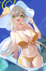 Rule 34 | 1girl, absurdres, arm around shoulder, bikini, blue archive, blue sky, bracelet, breasts, brown hair, cleavage, day, flower, front-tie bikini top, front-tie top, green eyes, halo, hand up, hat, hat flower, highres, holding, holding swim ring, innertube, jewelry, large breasts, lemoneko, long hair, looking at viewer, navel, nonomi (blue archive), open mouth, outdoors, palm tree, round teeth, side-tie bikini bottom, sky, solo, standing, sun hat, swim ring, swimsuit, teeth, thigh gap, tree, upper teeth only, very long hair, wading, water, white hat, yellow bikini