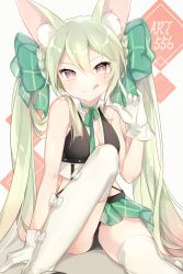 Rule 34 | 1girl, :q, animal ear fluff, animal ears, art556 (girls&#039; frontline), bare shoulders, black panties, bow, braid, breasts, brown eyes, cleavage, closed mouth, commentary, girls&#039; frontline, gloves, green bow, green hair, green skirt, hair between eyes, hair bow, hand up, highres, knee up, leafwow, long hair, looking at viewer, medium breasts, panties, pleated skirt, sitting, skirt, smile, solo, thighhighs, tongue, tongue out, twintails, underwear, v-shaped eyebrows, very long hair, white gloves, white thighhighs