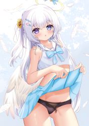 Rule 34 | 1girl, angel wings, bare arms, bare shoulders, black panties, blue eyes, blue skirt, bow, bowtie, breasts, clothes lift, cowboy shot, crop top, crop top overhang, flower, gluteal fold, hair flower, hair ornament, hairclip, halo, heterochromia, highres, hiyada yuu, lifting own clothes, long hair, looking at viewer, low wings, midriff, miniskirt, one side up, original, panties, parted lips, pleated skirt, purple eyes, sailor collar, shirt, skirt, skirt lift, sleeveless, sleeveless shirt, small breasts, solo, standing, sunflower, thighs, underwear, white hair, white shirt, wings