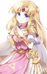 Rule 34 | 1girl, ametama (runarunaruta5656), armor, bead necklace, beads, belt, blonde hair, blue eyes, blush, bracer, cape, circlet, closed mouth, collarbone, dress, earrings, forehead jewel, gown, hair intakes, highres, jewelry, light smile, long hair, looking at viewer, nail polish, necklace, nintendo, parted bangs, pauldrons, pointy ears, princess zelda, short sleeves, shoulder armor, simple background, smile, solo, super smash bros., tabard, the legend of zelda, the legend of zelda: a link between worlds, the legend of zelda: a link to the past, triforce, vambraces, white background, white cape, white dress