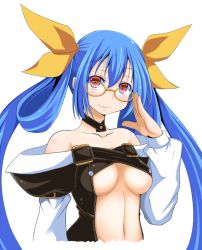 Rule 34 | 1girl, bare shoulders, bespectacled, blue hair, breasts, choker, dizzy (guilty gear), glasses, guilty gear, guilty gear x, guilty gear xx, hair ribbon, long hair, medium breasts, navel, no wings, poncocchan, red eyes, ribbon, simple background, smile, solo, twintails, underboob, upper body, white background, yellow-framed eyewear, yellow theme