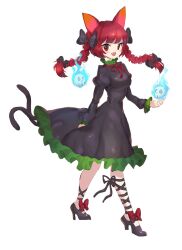 Rule 34 | 1girl, :d, animal ears, black bow, black ribbon, blunt bangs, blush, bow, braid, breasts, cat ears, cat tail, commentary request, floating hair, floating skull, footwear bow, frills, full body, hair bow, hair ribbon, high heels, highres, hitodama, juliet sleeves, kaenbyou rin, leg ribbon, long hair, long sleeves, medium breasts, multiple tails, nekomata, no socks, open mouth, orchid (pixiv3730518), puffy sleeves, red bow, red eyes, red hair, red ribbon, ribbon, simple background, smile, solo, tail, touhou, tress ribbon, twin braids, two tails, white background