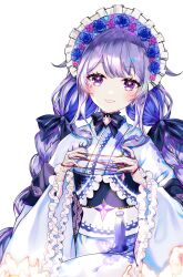 Rule 34 | 1girl, absurdres, animal print, blue kimono, blush, bonnet, braid, butterfly print, gloves, gradient hair, grey hair, highres, hololive, hololive english, japanese clothes, jewel under eye, kimono, koseki bijou, koseki bijou (new year), lace, lace-trimmed gloves, lace trim, long hair, looking at viewer, multicolored hair, official alternate costume, purple eyes, purple hair, purple headwear, smile, solo, sowon, twin braids, virtual youtuber, white background