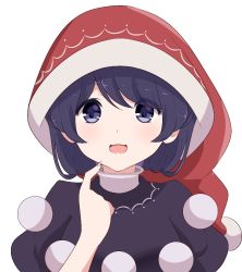 Rule 34 | 1girl, :d, bad id, bad pixiv id, black dress, blue eyes, blue hair, blush, commentary, doremy sweet, dress, english commentary, finger to own chin, hand up, hat, looking at viewer, nightcap, open mouth, pom pom (clothes), red hat, short hair, short sleeves, simple background, smile, solo, touhou, upper body, white background, yukome