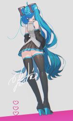 Rule 34 | 1girl, arms at sides, ass, bare shoulders, black skirt, black thighhighs, blue hair, blue panties, collared shirt, curly hair, detached sleeves, dutch angle, facing away, flat chest, grey background, grey shirt, hatsune miku, heart, heart background, highres, legs together, long hair, nape, panties, pecchii, pink background, pleated skirt, see-through, shirt, sidelocks, signature, simple background, skirt, sleeveless, sleeveless shirt, solo, standing, striped clothes, striped panties, thighhighs, thighs, twintails, two-tone background, underwear, very long hair, vocaloid