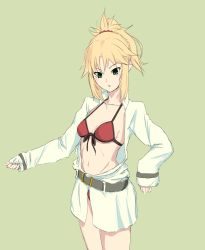 Rule 34 | 1girl, :o, alternate costume, blonde hair, blush, braid, breasts, fate/grand order, fate (series), french braid, green background, green eyes, groin, highres, mordred (fate), mordred (fate) (all), mordred (fate/apocrypha), mordred (swimsuit rider) (fate), mordred (swimsuit rider) (first ascension) (fate), navel, oishii2929, ponytail, sleeves past wrists, small breasts, solo