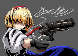 Rule 34 | 1girl, alice margatroid, black gloves, blonde hair, blue dress, cigarette, cookie (touhou), cursive, dress, from side, gloves, grey background, grin, gun, hair over eyes, hairband, handgun, highres, holding, holding gun, holding weapon, mouth hold, revolver, shiny clothes, signature, simple background, smile, smoke, smoking, solo, torii5011, touhou, upper body, weapon