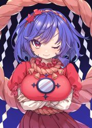 Rule 34 | 1girl, ;), absurdres, arms under breasts, breasts, closed mouth, commentary, e sdss, gradient background, hair ornament, highres, large breasts, layered sleeves, leaf hair ornament, long sleeves, looking at viewer, mirror, one eye closed, purple background, purple hair, red eyes, rope, shide, shimenawa, short hair, short over long sleeves, short sleeves, smile, solo, touhou, upper body, yasaka kanako