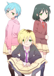 Rule 34 | 3girls, :o, absurdres, alternate hair color, alternate hair length, alternate hairstyle, annoyed, bad id, bad pixiv id, bags under eyes, black hair, black hoodie, black socks, blonde hair, blue hair, blush, breasts, brown cardigan, cardigan, collared shirt, commentary, delinquent, feet out of frame, green eyes, green hair, hair between eyes, highres, hikaru (ofuton at5), hood, hood down, hoodie, kneehighs, kuroki tomoko, long hair, looking at viewer, loose necktie, medium hair, multicolored hair, multiple girls, multiple persona, nail polish, necktie, official alternate hair length, official alternate hairstyle, open clothes, open hoodie, pantyhose, pink hoodie, pink nails, pleated skirt, purple neckwear, red neckwear, school uniform, shirt, short hair, simple background, skirt, small breasts, socks, squatting, standing, two-tone hair, untucked shirt, v-shaped eyebrows, watashi ga motenai no wa dou kangaetemo omaera ga warui!, white background, white shirt, yellow skirt