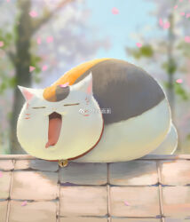Rule 34 | animal, animal focus, beitemian, bell, cat, closed eyes, collar, falling petals, highres, neck bell, nyanko-sensei, on roof, open mouth, petals, pink petals, red collar, rooftop, tongue, tongue out, weibo logo, weibo username