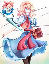 Rule 34 | 1girl, alice margatroid, black pantyhose, blonde hair, blue eyes, book, bow, capelet, doll, dress, female focus, hairband, jewelry, kumame, lance, open mouth, pantyhose, polearm, ribbon, ring, sash, shanghai doll, short hair, string, thighhighs, touhou, weapon